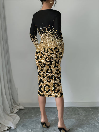 Leopard Gradient Print Round Neck Long Sleeve Midi Dress