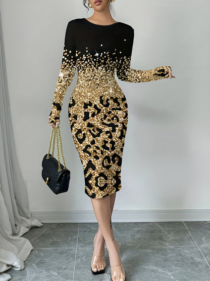 Leopard Gradient Print Round Neck Long Sleeve Midi Dress