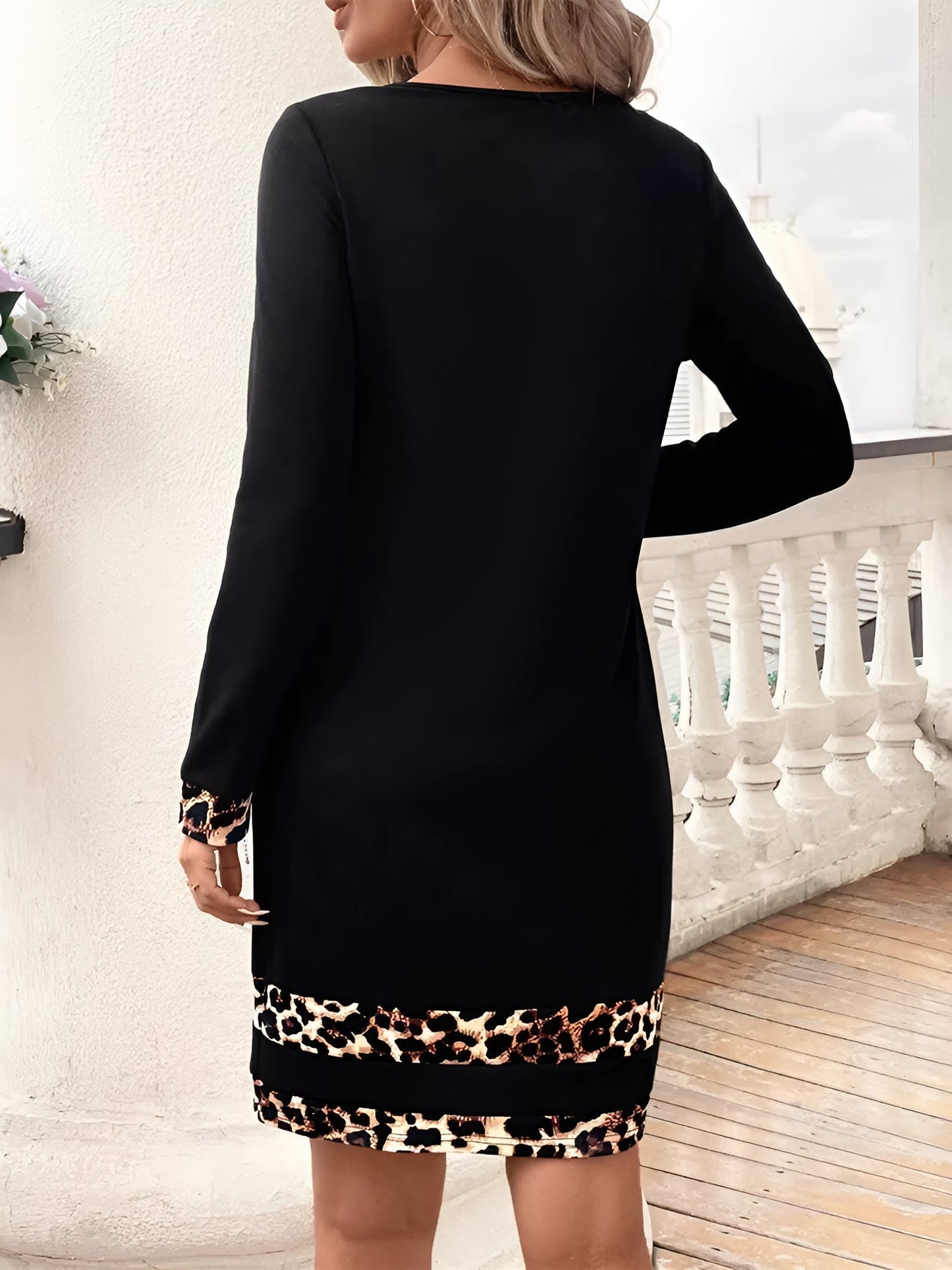 Leopard-Print Patchwork Long Sleeve Midi Dress