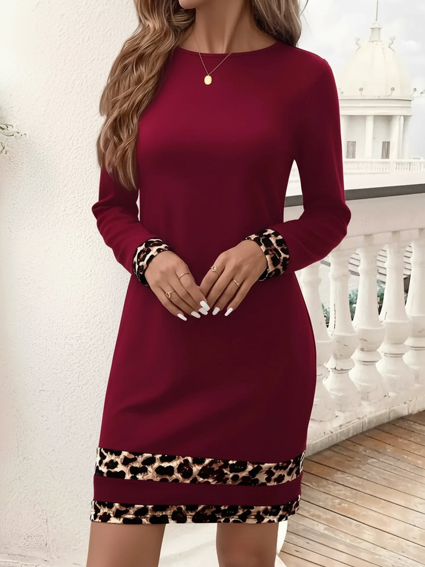Leopard-Print Patchwork Long Sleeve Midi Dress