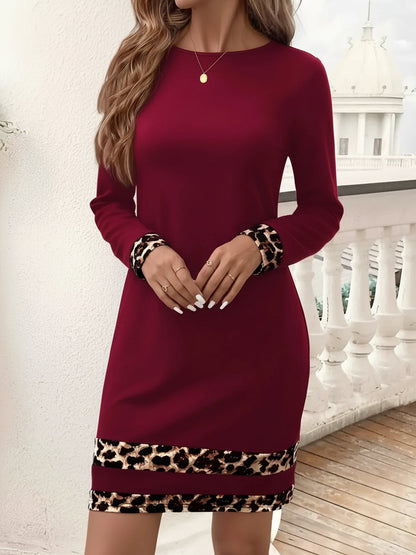 Leopard-Print Patchwork Long Sleeve Midi Dress