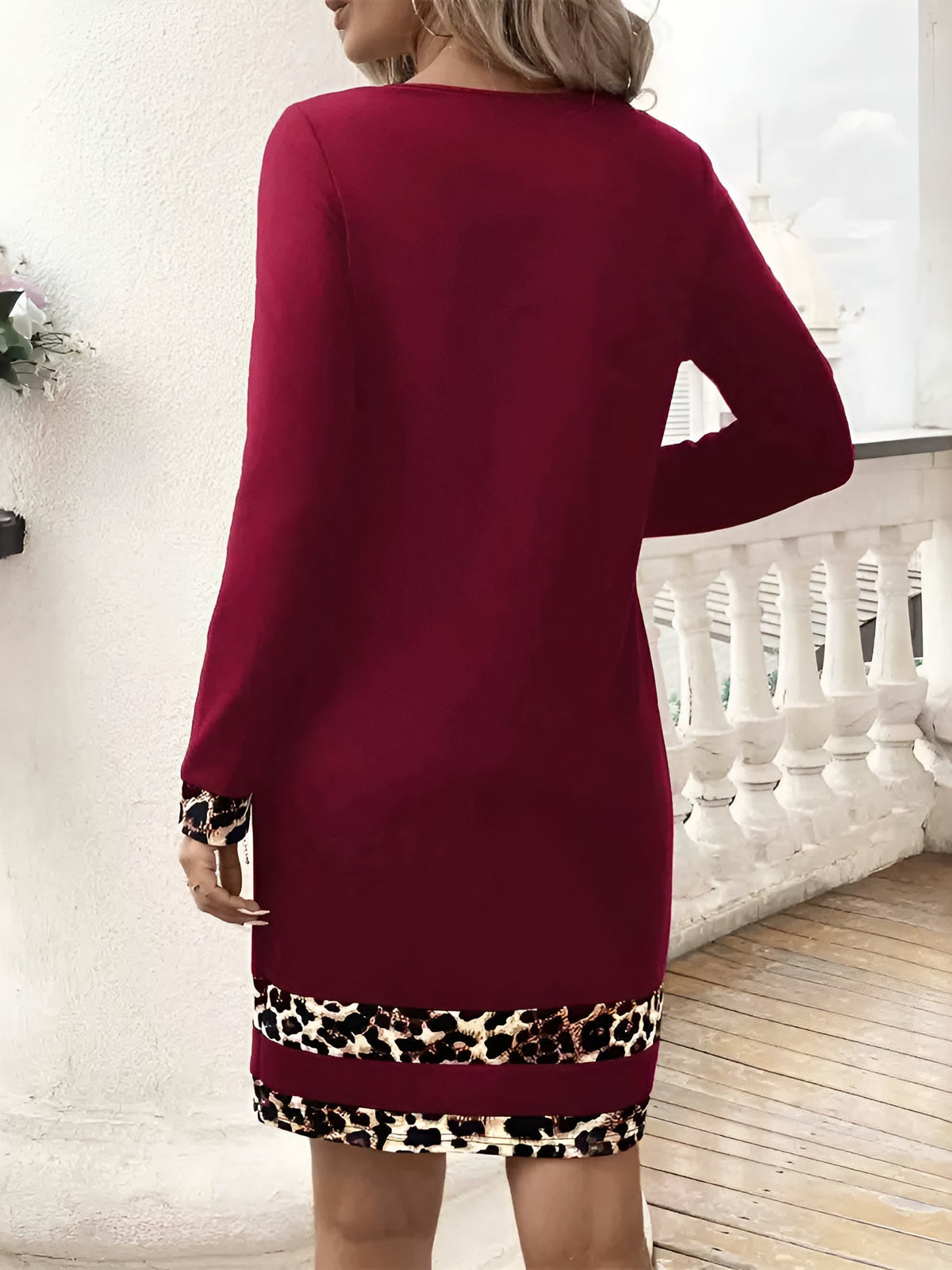 Leopard-Print Patchwork Long Sleeve Midi Dress