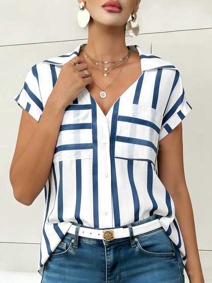 Striped Pocket Button Down Short Sleeves Blouse