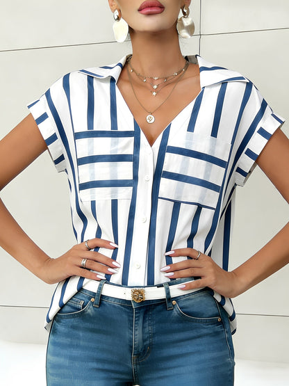 Striped Pocket Button Down Short Sleeves Blouse