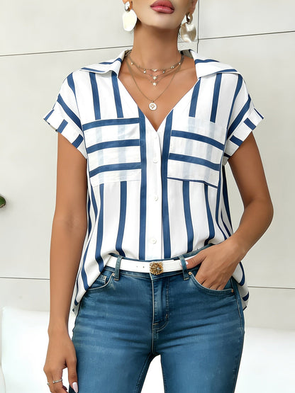 Striped Pocket Button Down Short Sleeves Blouse