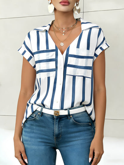 Striped Pocket Button Down Short Sleeves Blouse