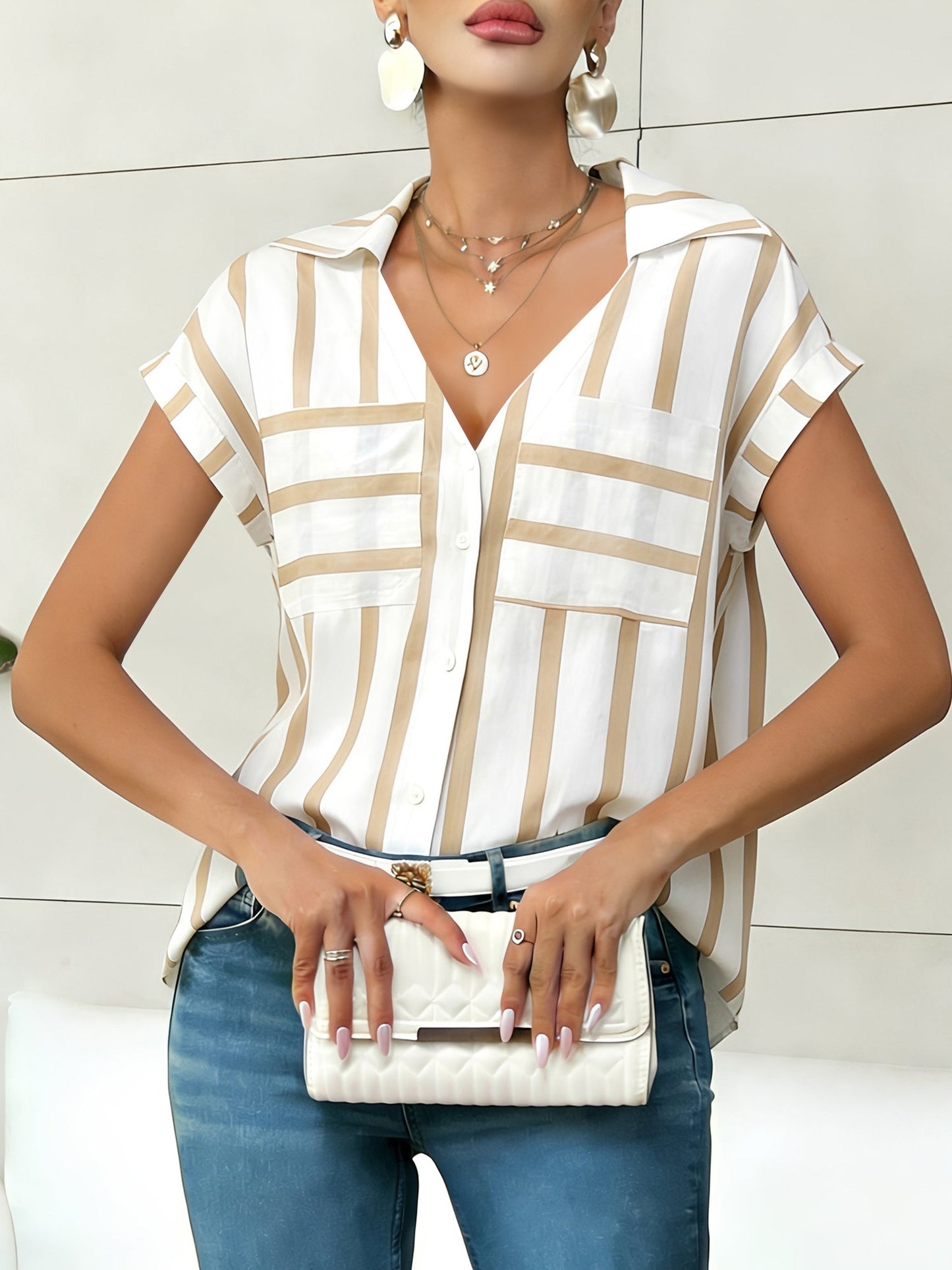 Striped Pocket Button Down Short Sleeves Blouse