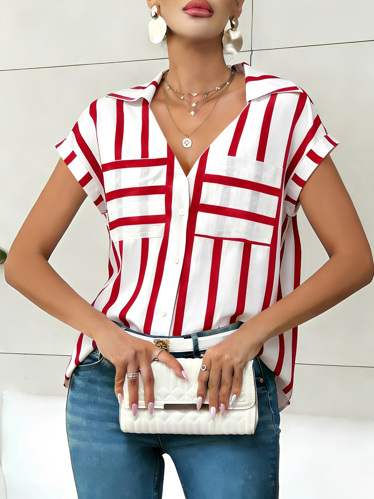 Striped Pocket Button Down Short Sleeves Blouse