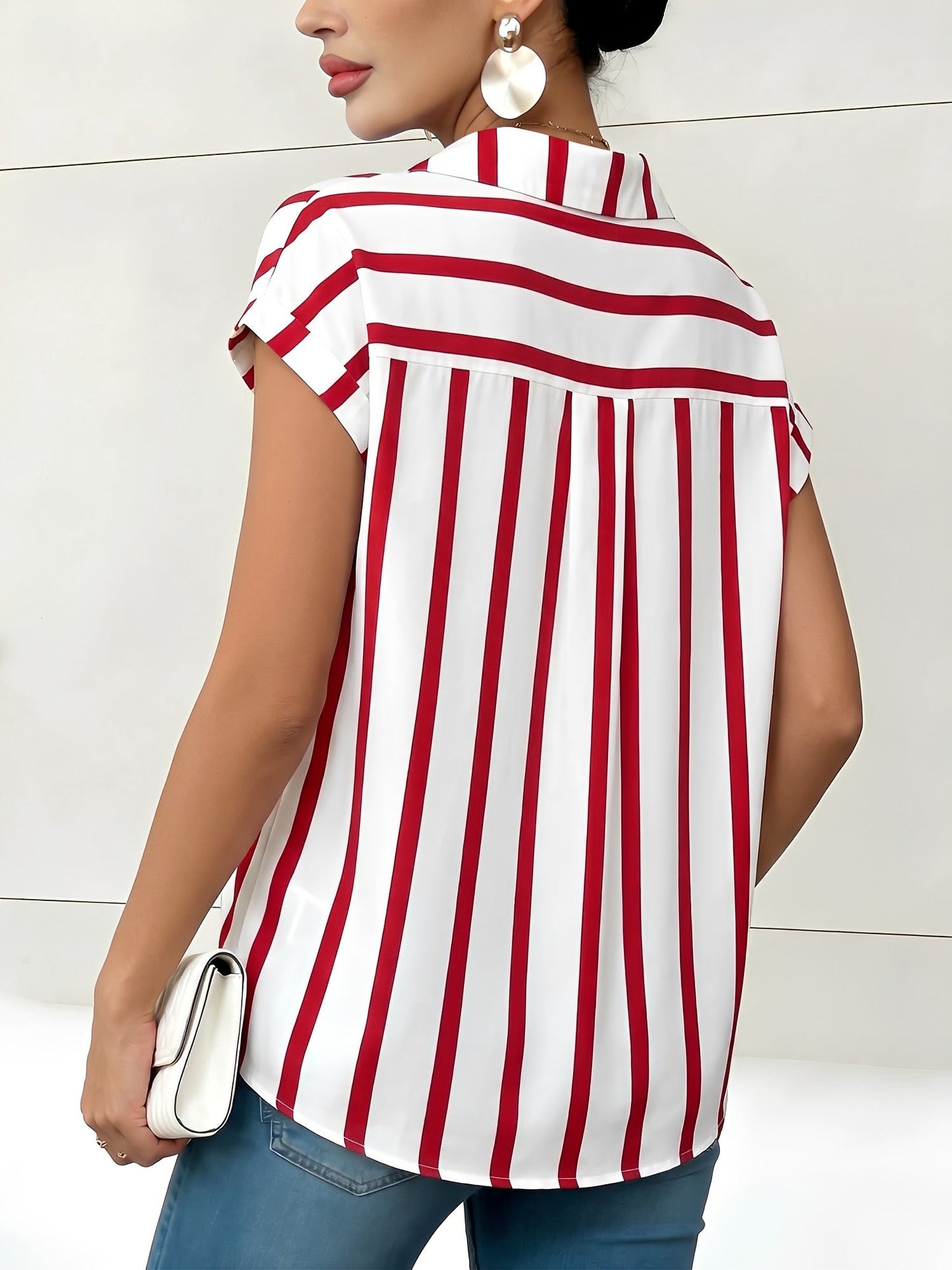Striped Pocket Button Down Short Sleeves Blouse