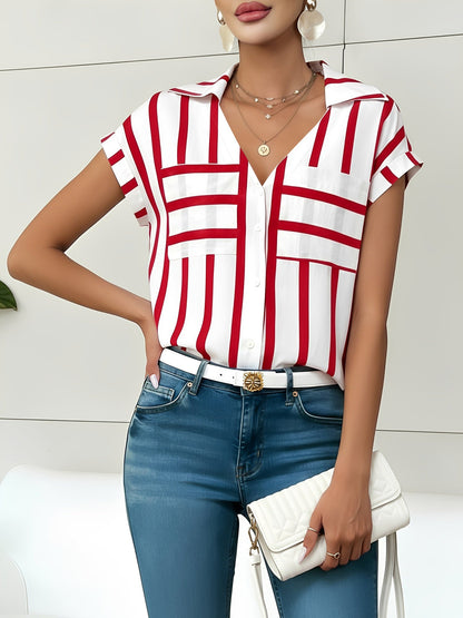 Striped Pocket Button Down Short Sleeves Blouse