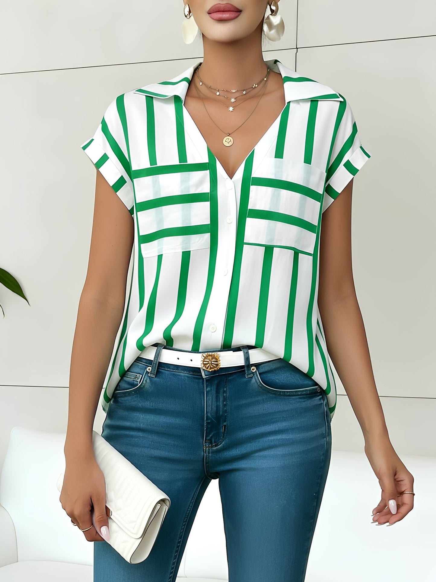 Striped Pocket Button Down Short Sleeves Blouse