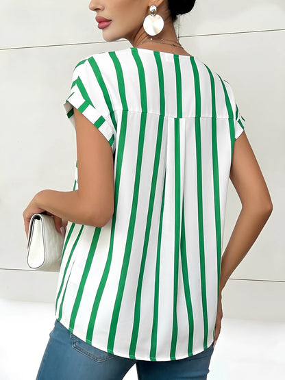 Striped Pocket Button Down Short Sleeves Blouse