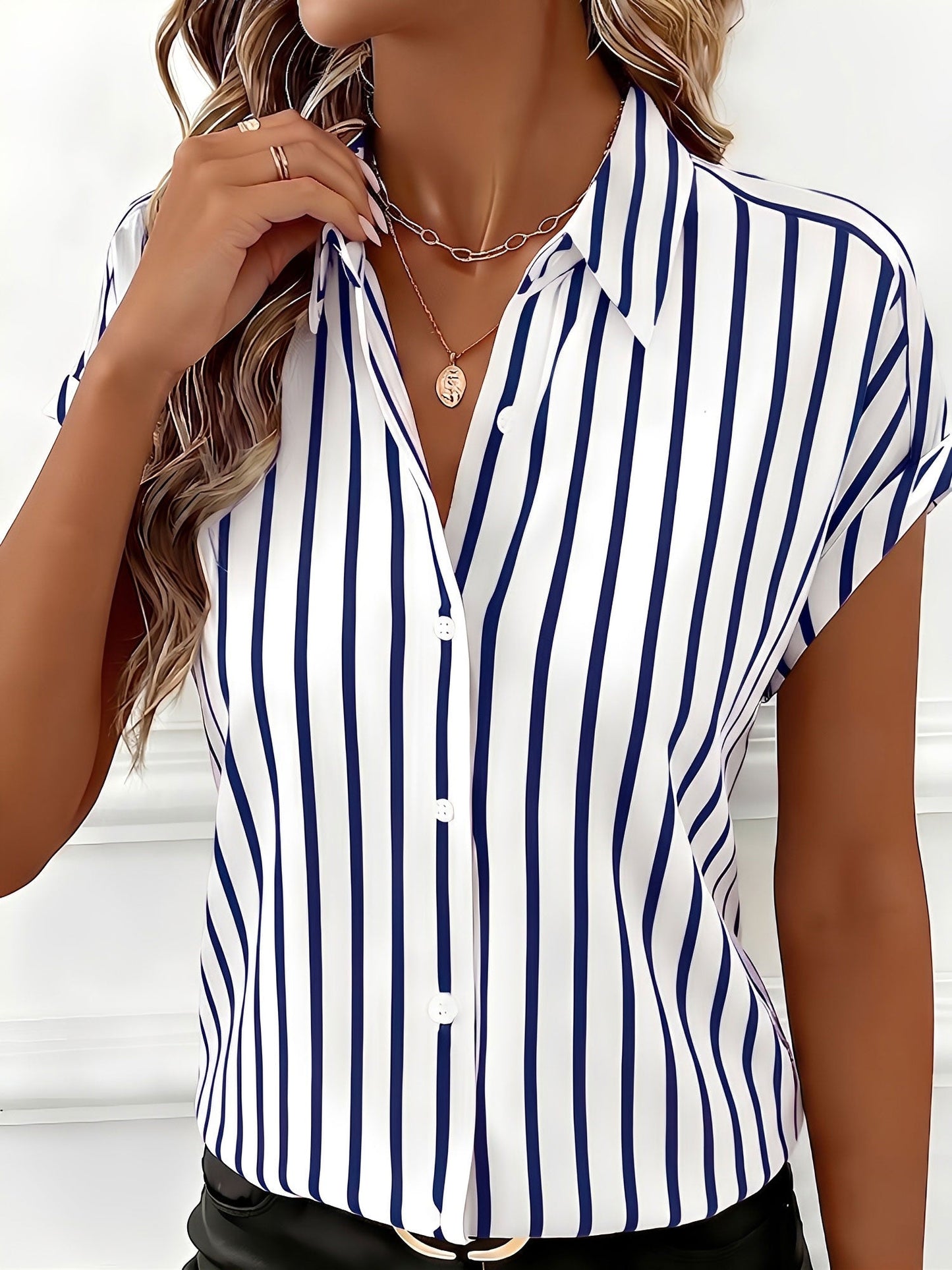 Casual Drop-Shoulder Striped Short Sleeves Blouse
