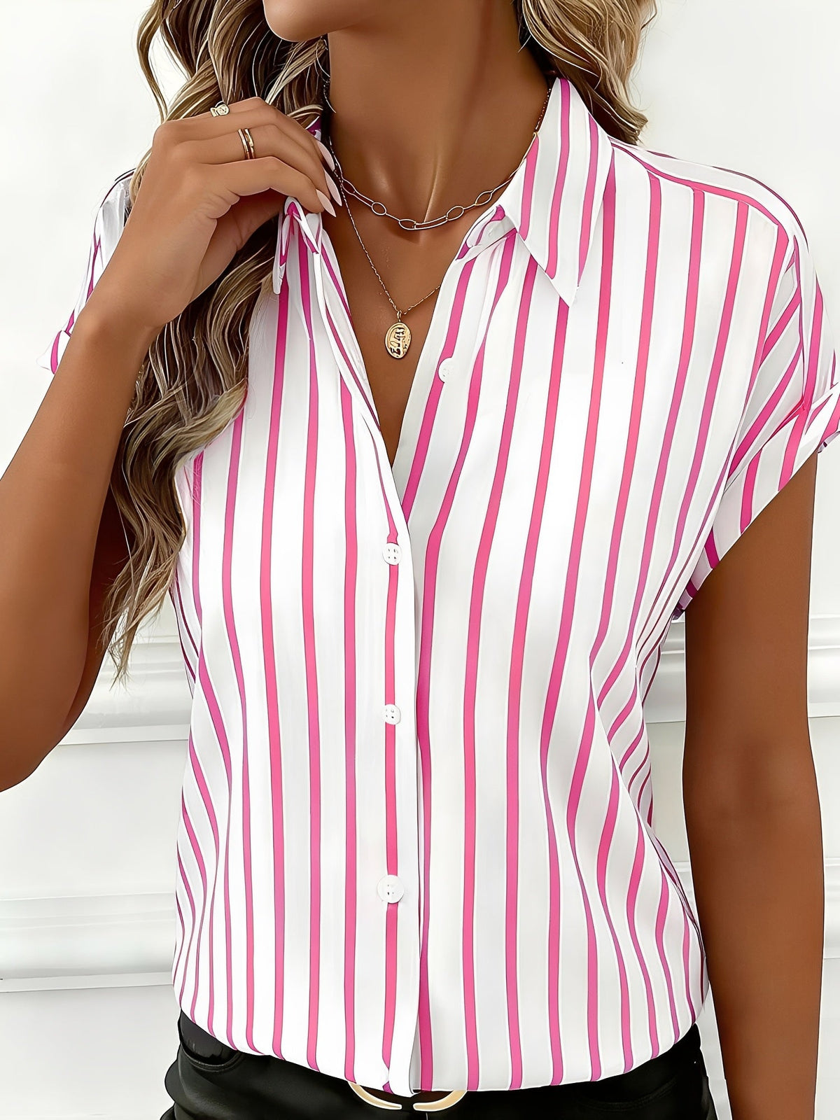 Casual Drop-Shoulder Striped Short Sleeves Blouse