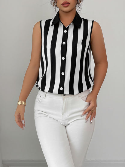Casual Sleeveless Striped Colorblock Button Down Blouse