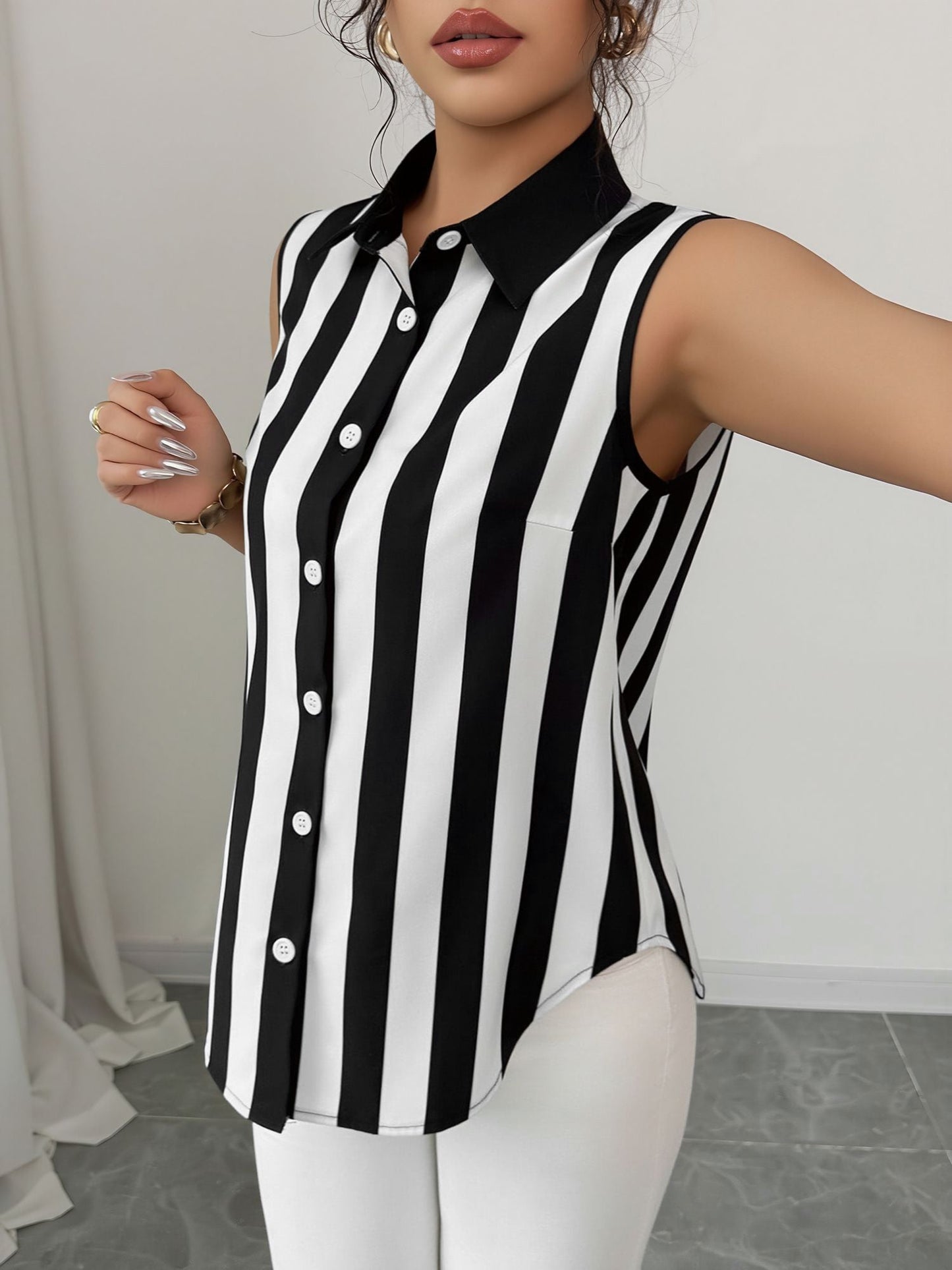 Casual Sleeveless Striped Colorblock Button Down Blouse