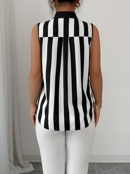 Casual Sleeveless Striped Colorblock Button Down Blouse