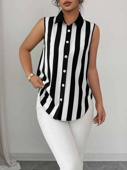 Casual Sleeveless Striped Colorblock Button Down Blouse