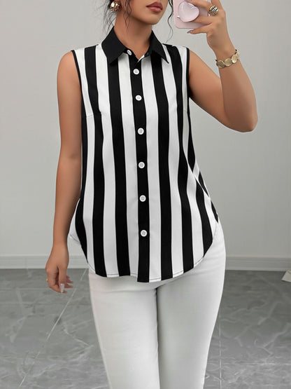 Casual Sleeveless Striped Colorblock Button Down Blouse