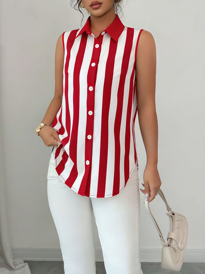 Casual Sleeveless Striped Colorblock Button Down Blouse