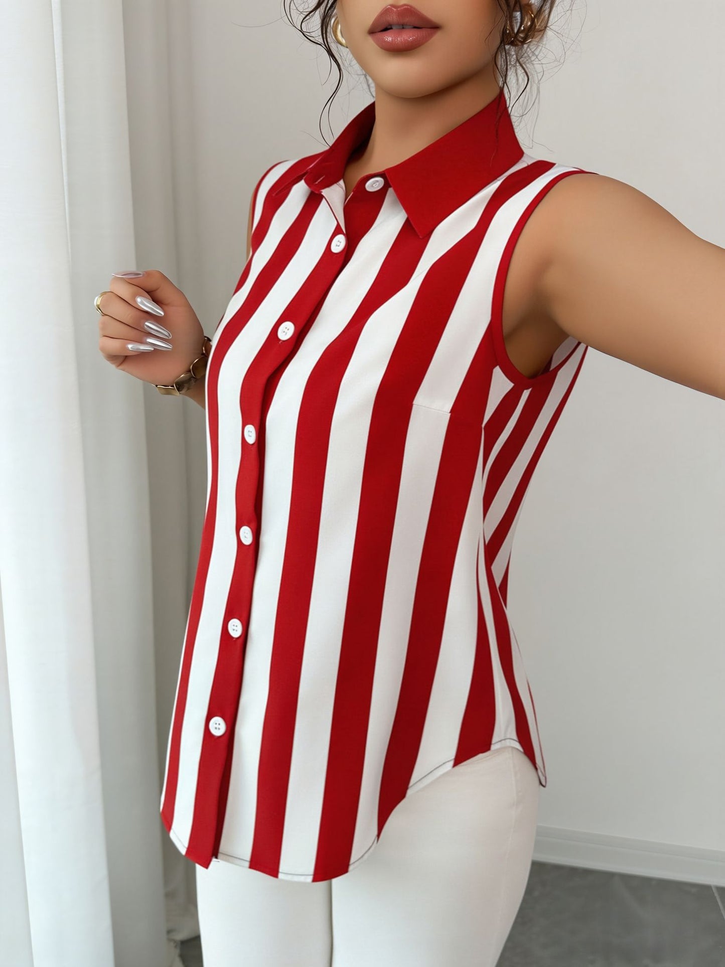 Casual Sleeveless Striped Colorblock Button Down Blouse