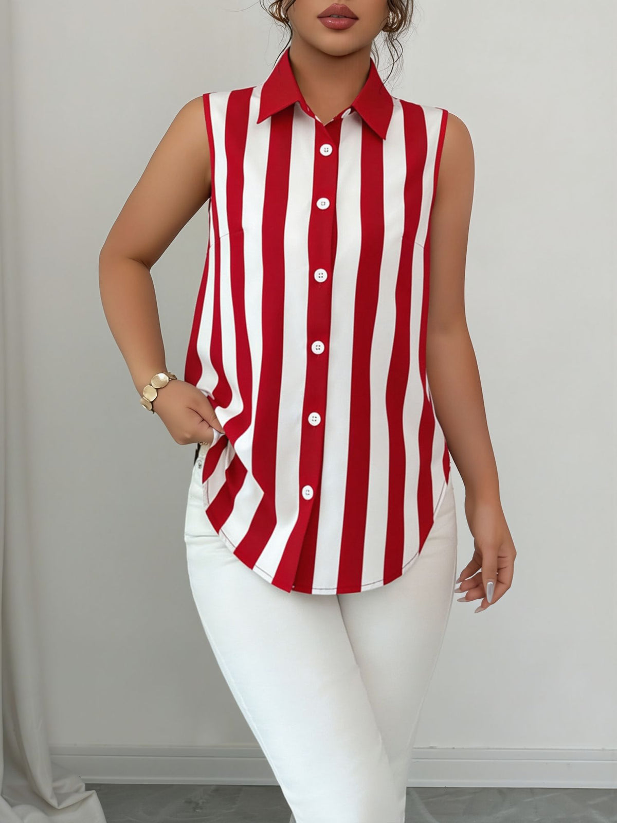 Casual Sleeveless Striped Colorblock Button Down Blouse