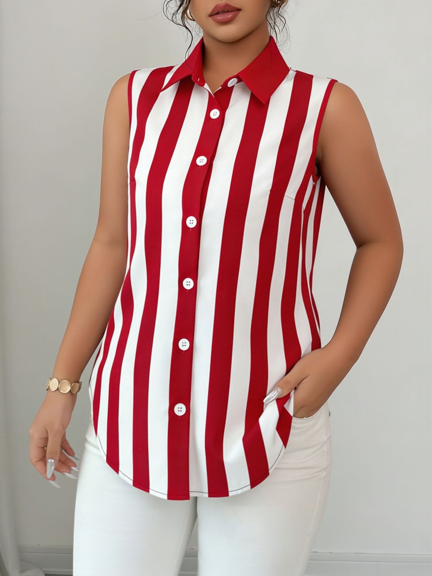 Casual Sleeveless Striped Colorblock Button Down Blouse