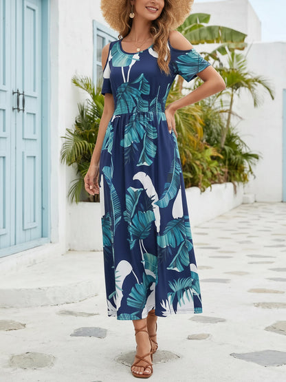 Cold Shoulder Round Neck A-Line Midi Printed Dress