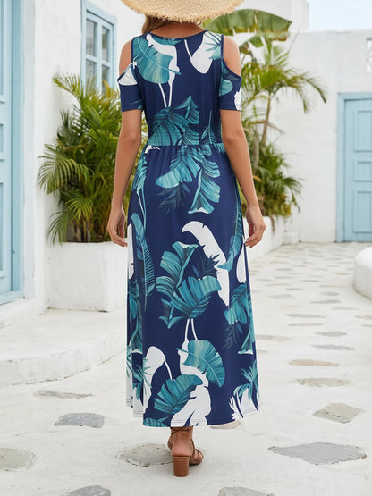Cold Shoulder Round Neck A-Line Midi Printed Dress