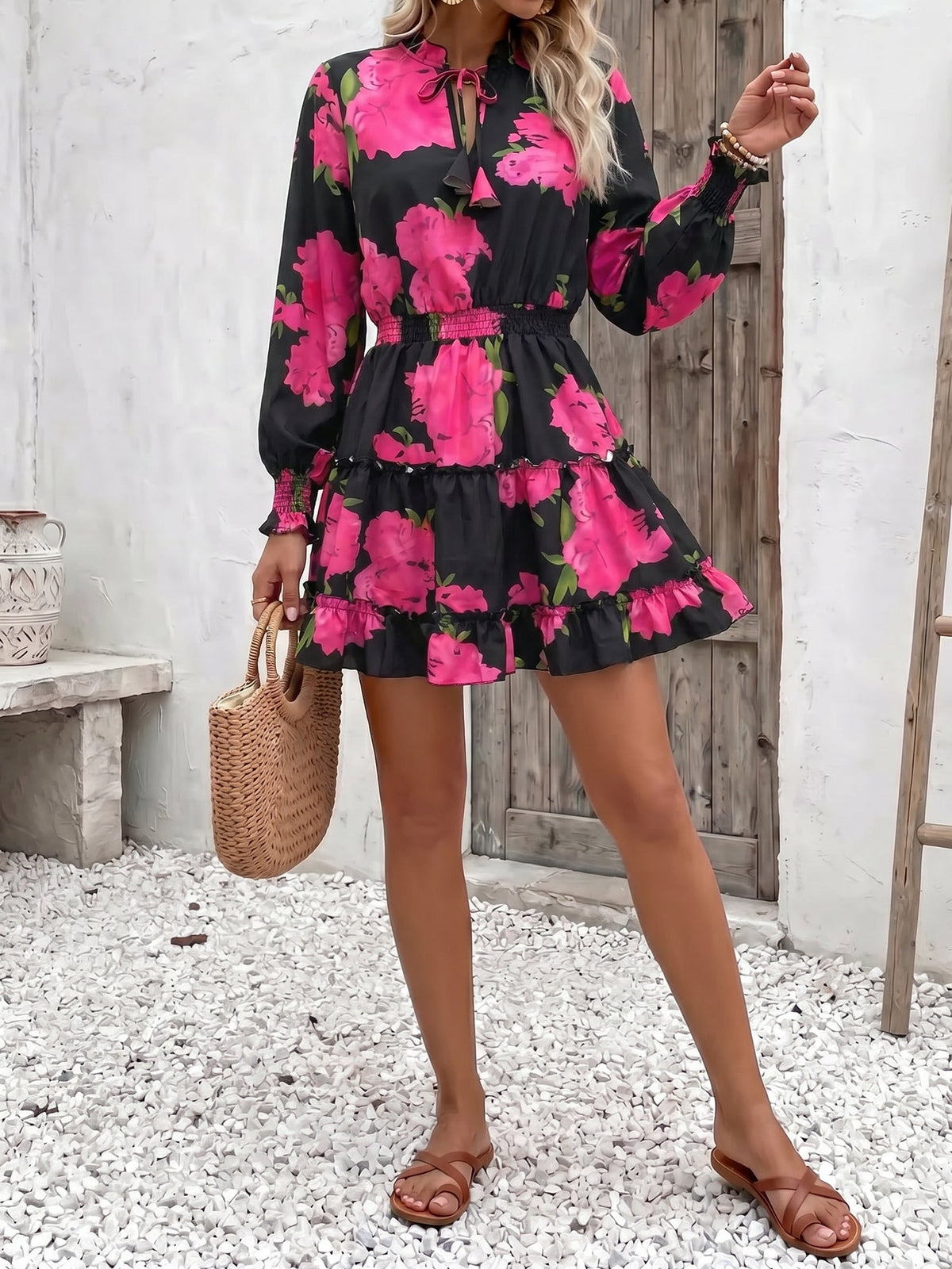 Ruffled Printed V-Neck Fitted Long Sleeve Tiered Dress