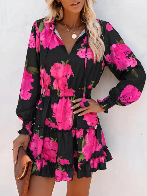 Ruffled Printed V-Neck Fitted Long Sleeve Tiered Dress
