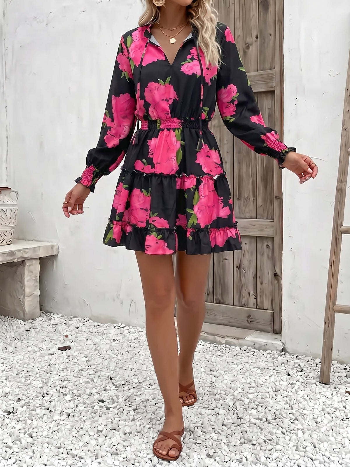 Ruffled Printed V-Neck Fitted Long Sleeve Tiered Dress