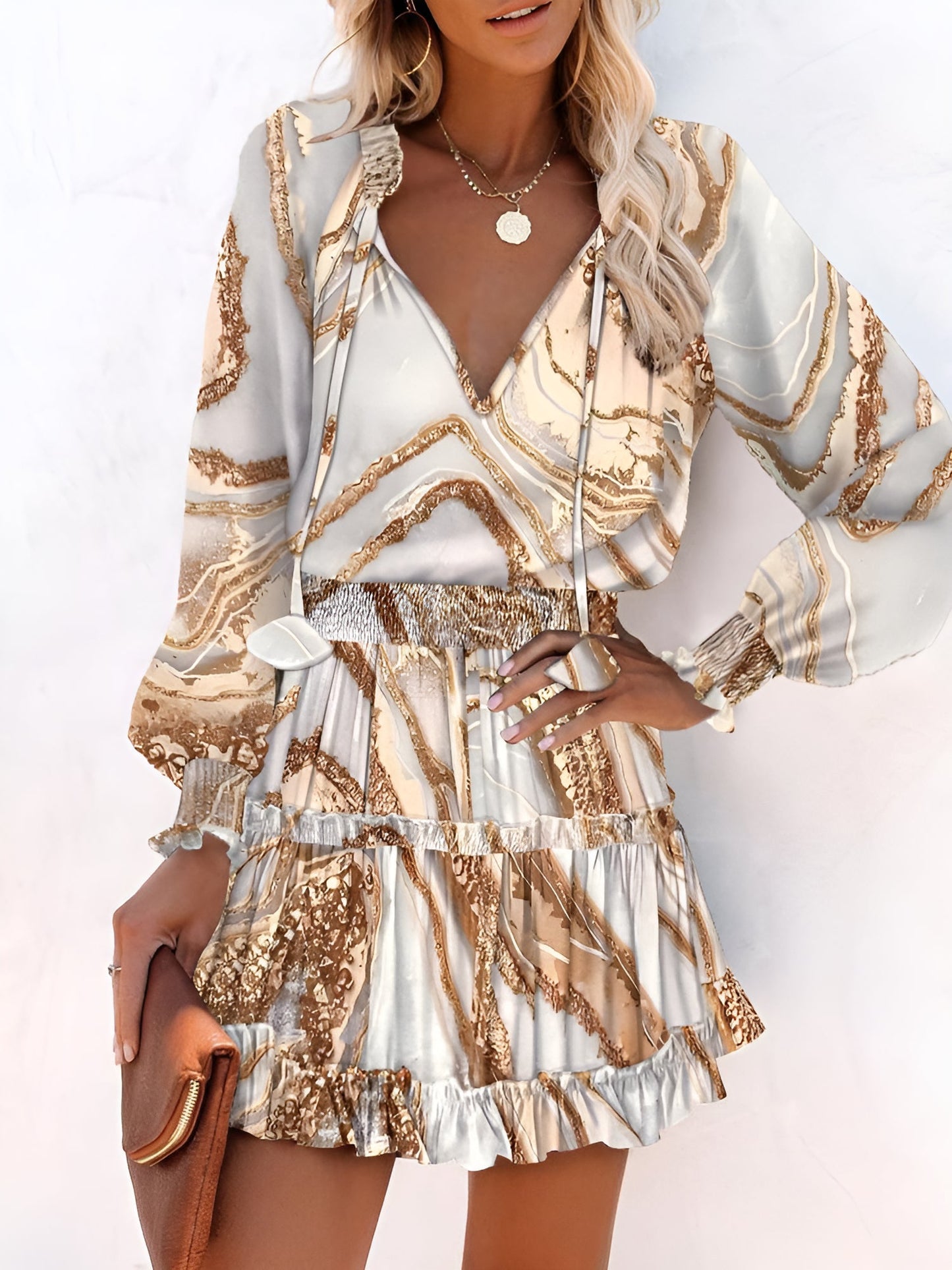 Ruffled Printed V-Neck Fitted Long Sleeve Tiered Dress