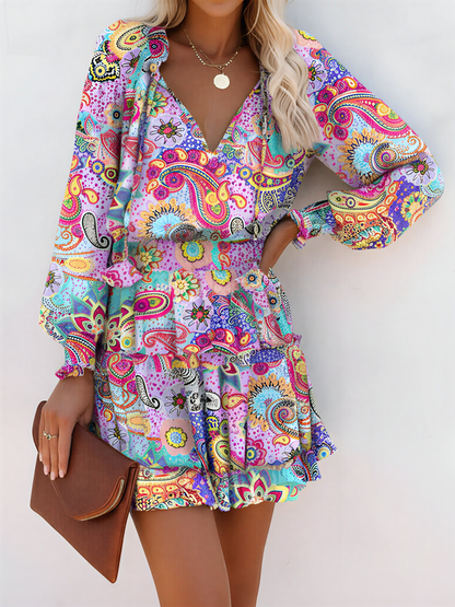 Ruffled Printed V-Neck Fitted Long Sleeve Tiered Dress