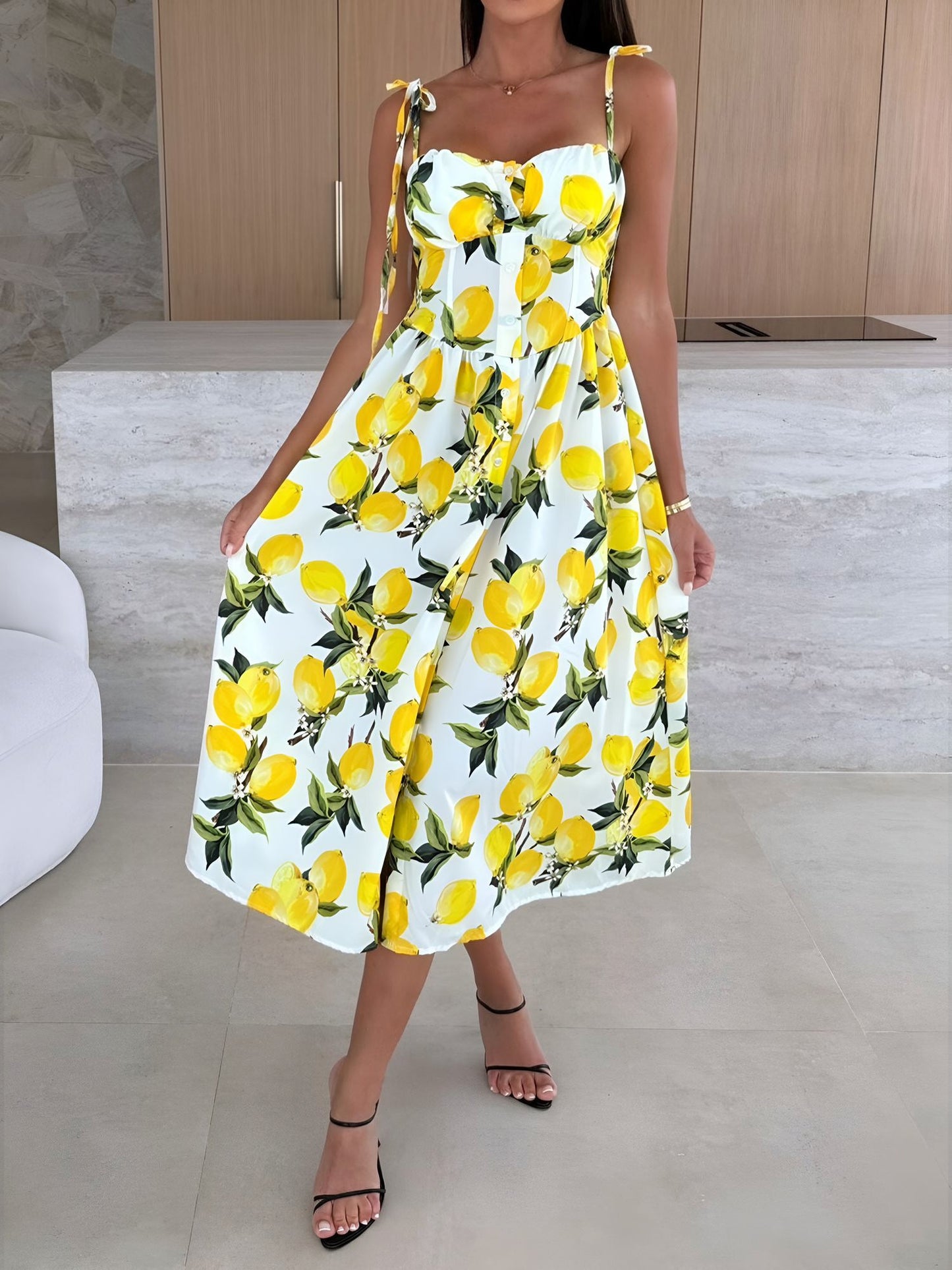 Spaghetti Strap Smocked Backless Printed A-Line Dress