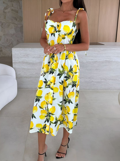 Spaghetti Strap Smocked Backless Printed A-Line Dress