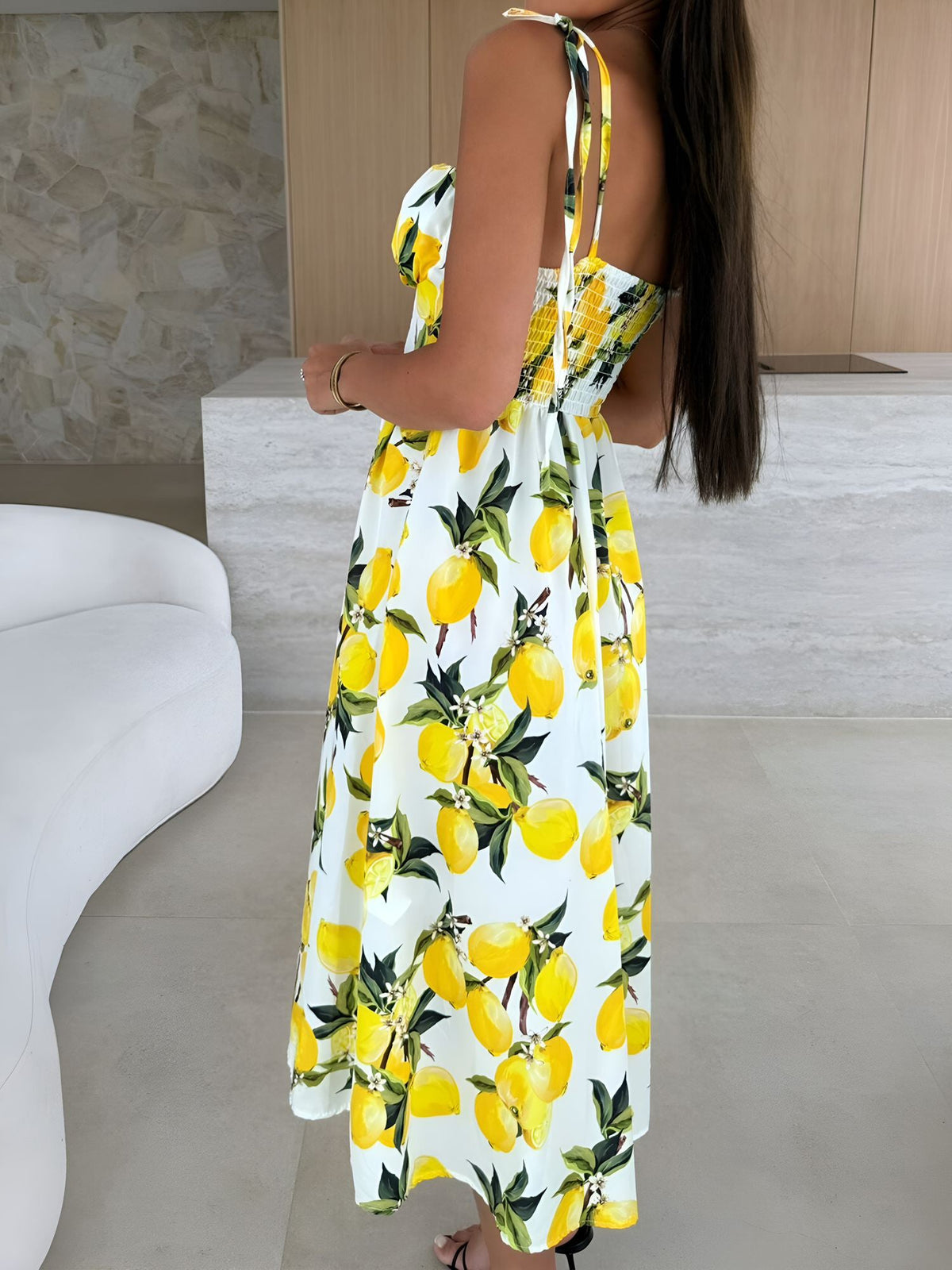 Spaghetti Strap Smocked Backless Printed A-Line Dress