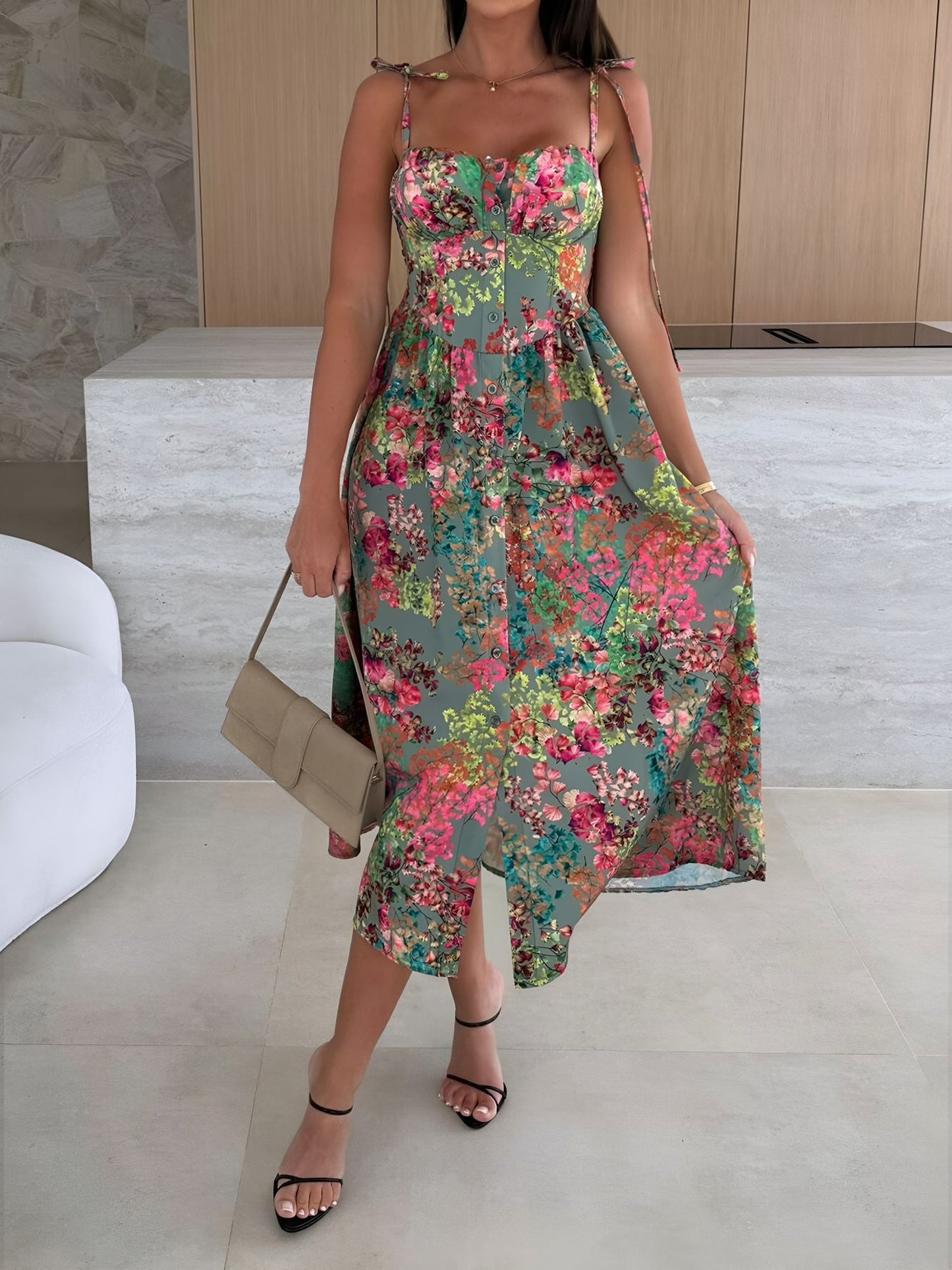 Spaghetti Strap Smocked Backless Printed A-Line Dress