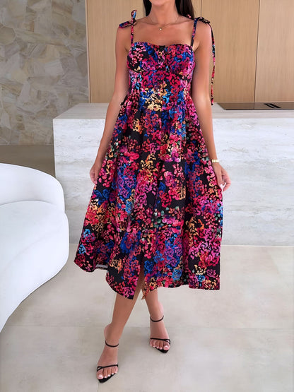 Spaghetti Strap Smocked Backless Printed A-Line Dress