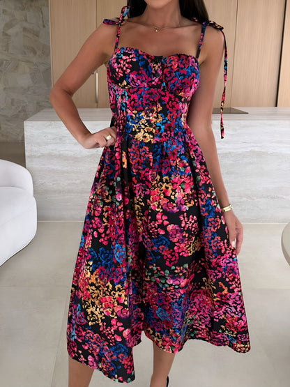 Spaghetti Strap Smocked Backless Printed A-Line Dress
