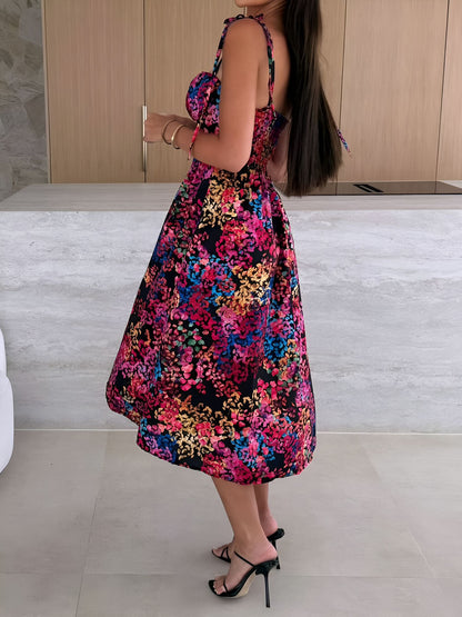 Spaghetti Strap Smocked Backless Printed A-Line Dress