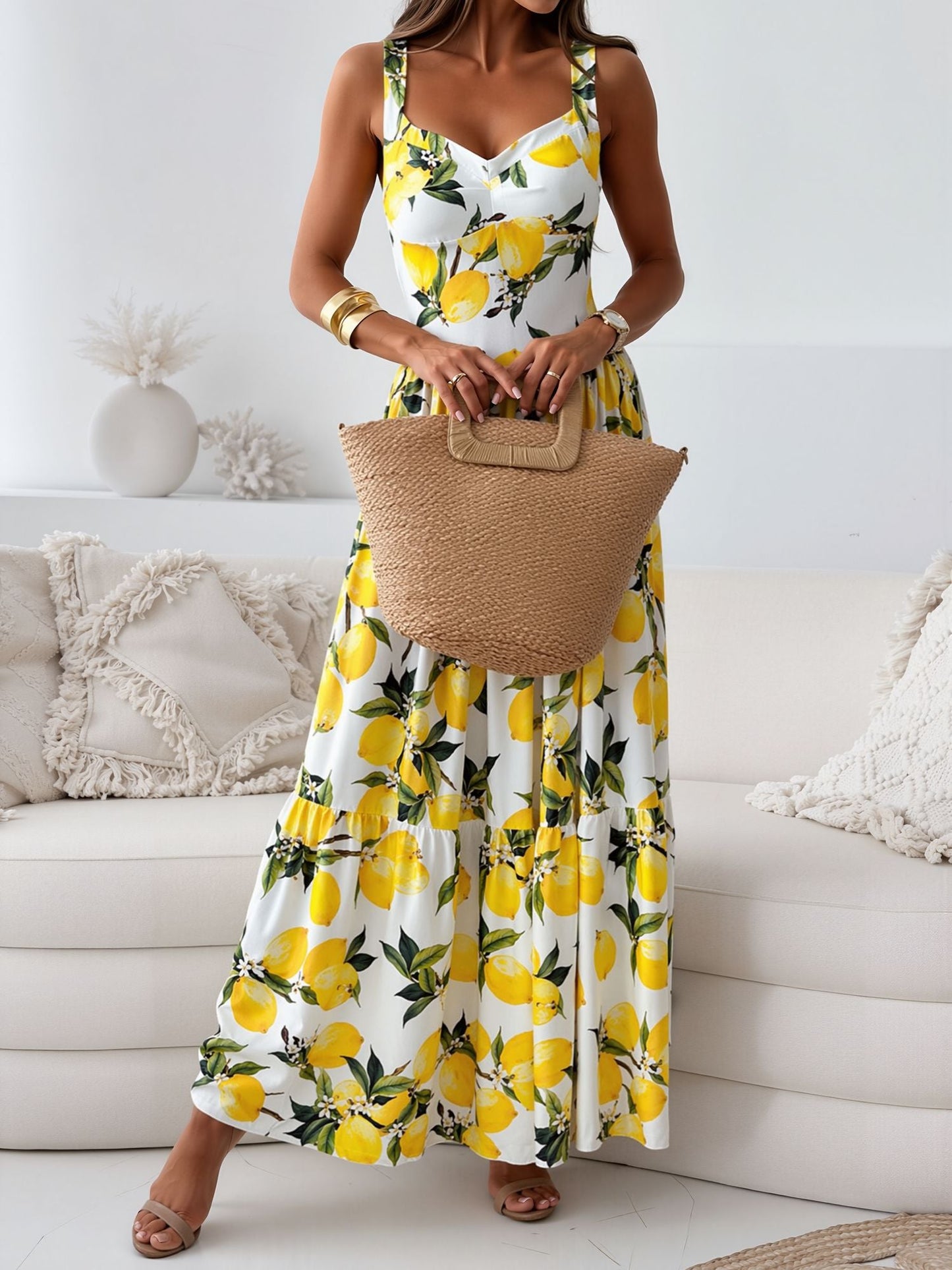 Lemon Printed Strap Smocked Back Tiered Dress