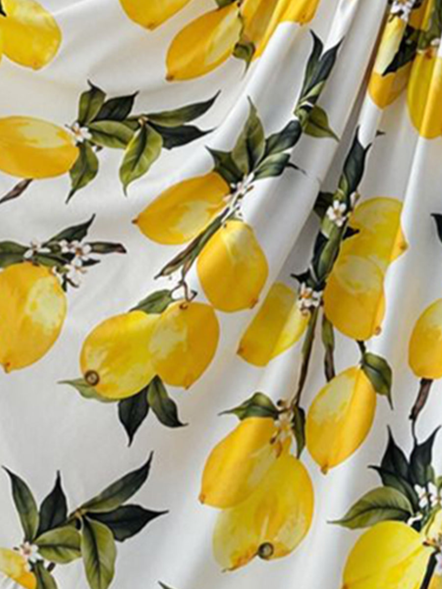 Lemon Printed Strap Smocked Back Tiered Dress