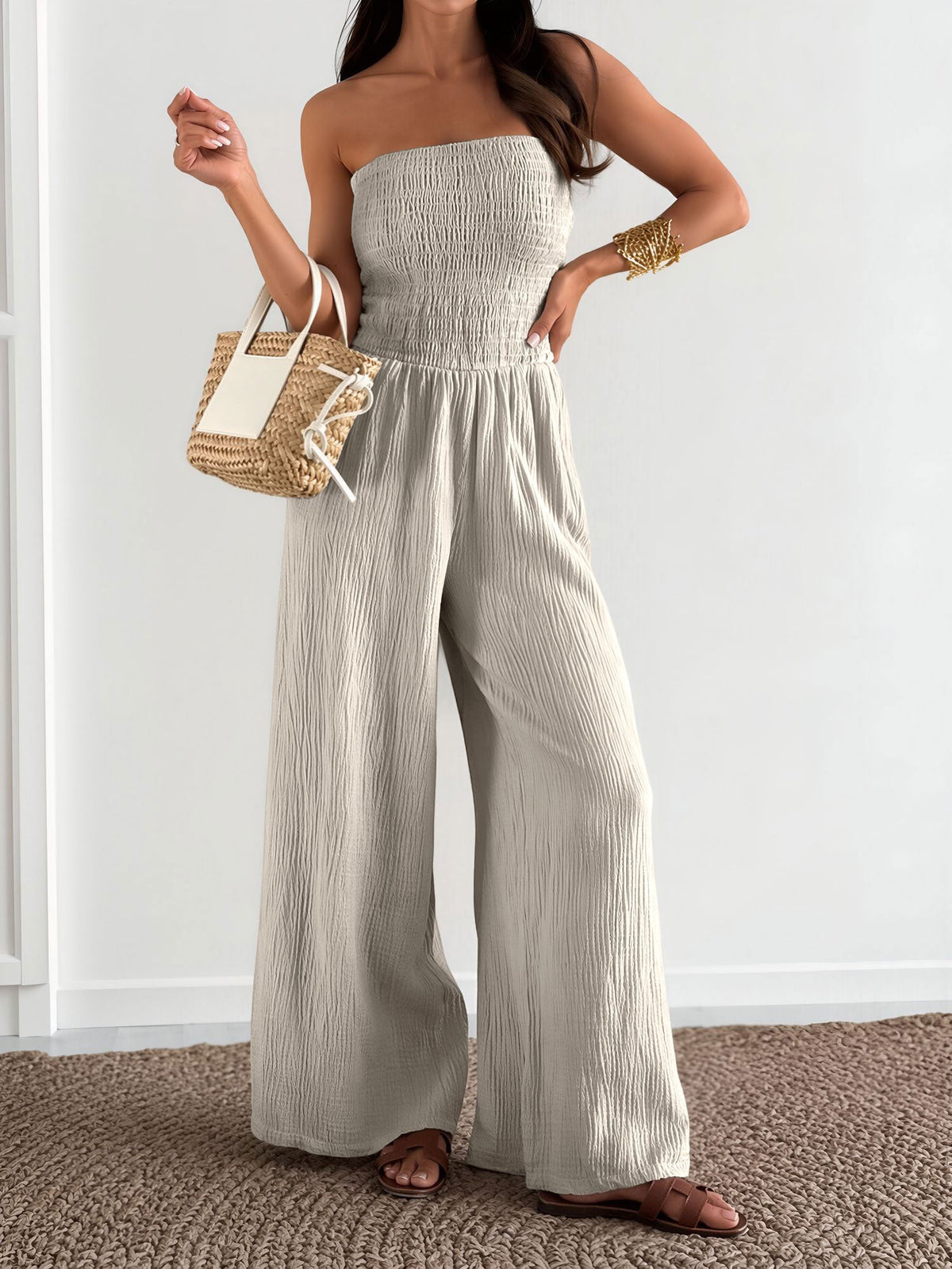 Strapless Smocked Textured Wide Legs Jumpsuit
