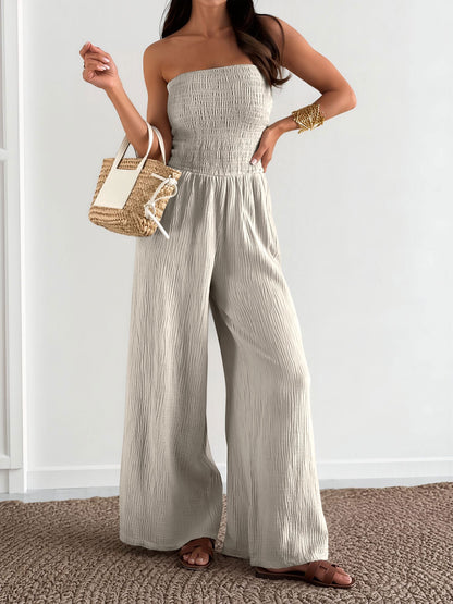 Strapless Smocked Textured Wide Legs Jumpsuit