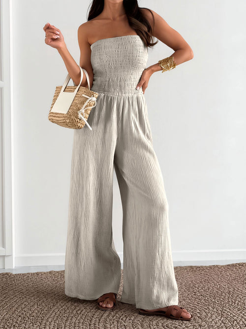 Strapless Smocked Textured Wide Legs Jumpsuit