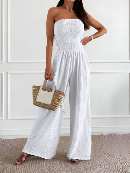 Strapless Smocked Textured Wide Legs Jumpsuit