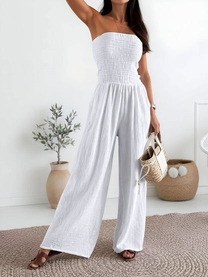 Strapless Smocked Textured Wide Legs Jumpsuit