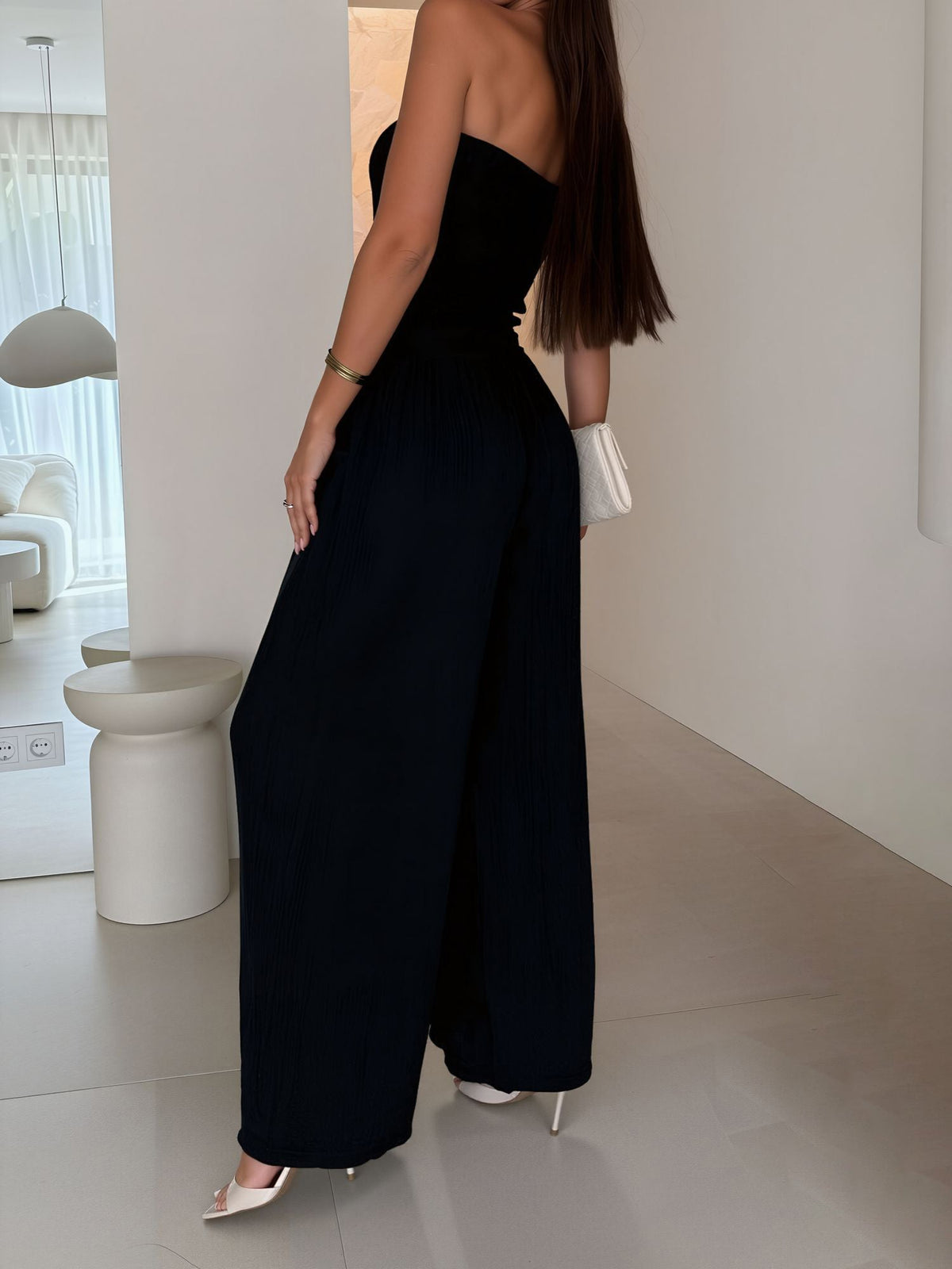 Strapless Smocked Textured Wide Legs Jumpsuit