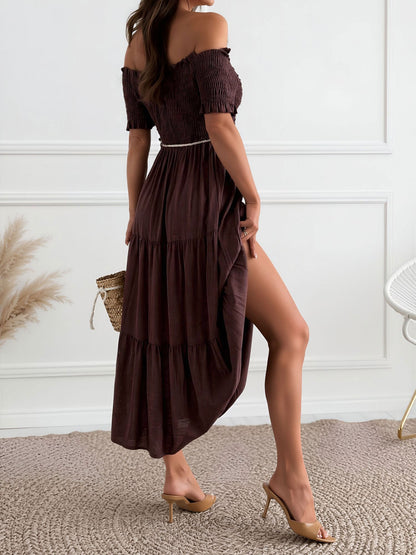 Off Shoulder Short Sleeve Smocked Tiered Midi Dress